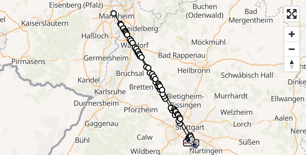 Flugroute Polizeihubschrauber Flughafen Stuttgart - Flughafen Stuttgart, 16 April 2026, 22:40