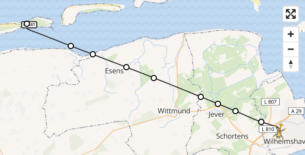 Flugroute Rettungshubschrauber Baltrum Flughafen - Wilhelmshaven, 16 April 2026, 23:56