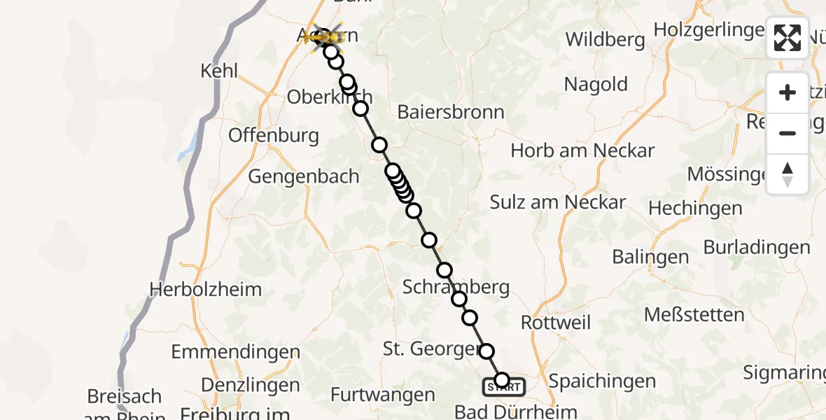 Flugroute Rettungshubschrauber DRF Air Rescue Station Villingen-Schwenningen Hubschrauberlandeplatz (Christoph 11) - Ortenau Hospital Achern, 16 April 2026, 23:57