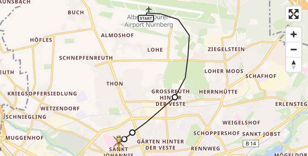 Flugroute Ambulanzhubschrauber Flughafen Nuremberg - Nürnberg North Hospital, 17 April 2026, 00:09