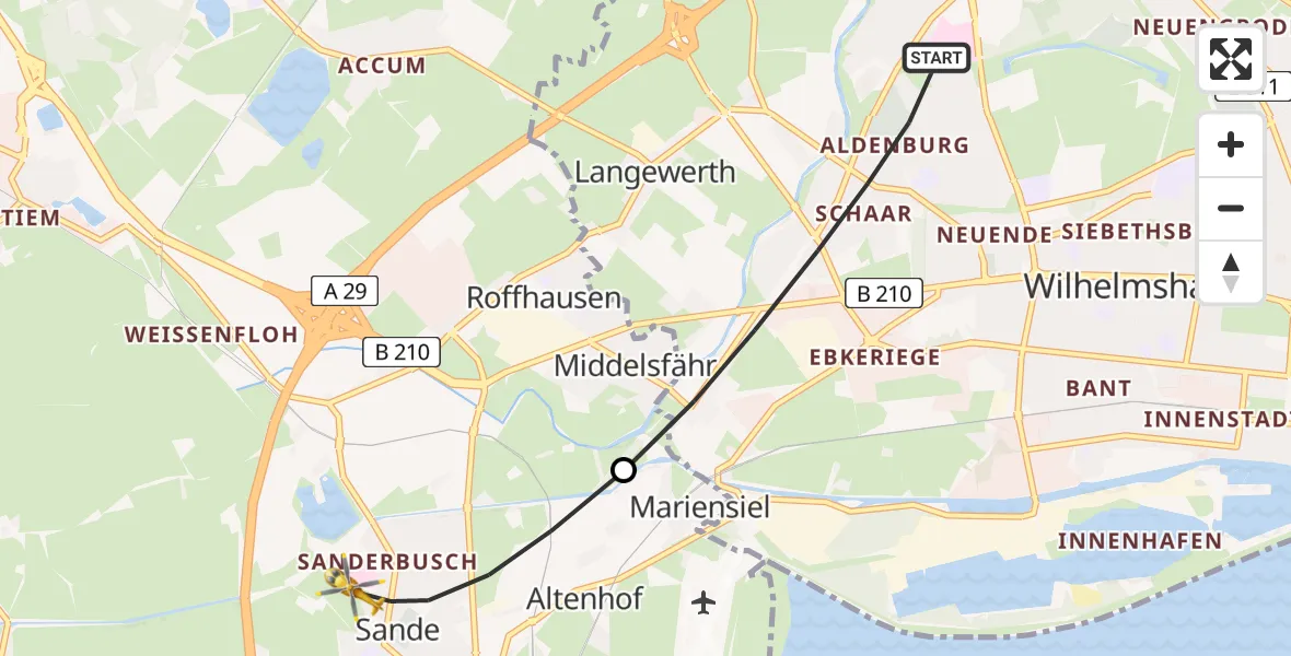 Flugroute Rettungshubschrauber Wilhelmshaven - Sande, 17 April 2026, 00:36