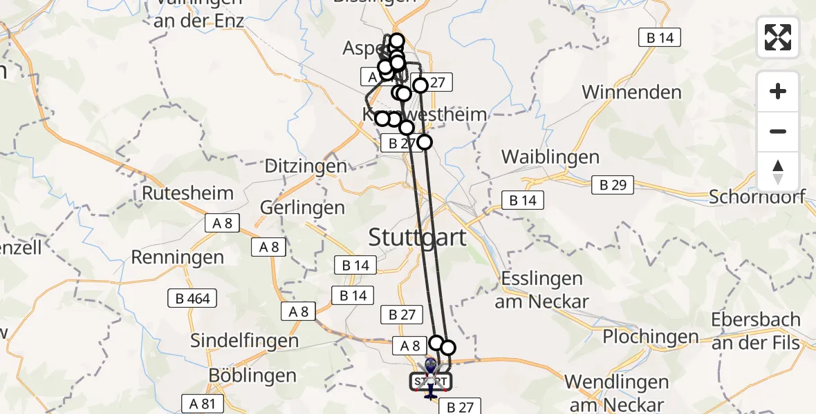 Flugroute Polizeihubschrauber Flughafen Stuttgart - Flughafen Stuttgart, 17 April 2026, 00:47