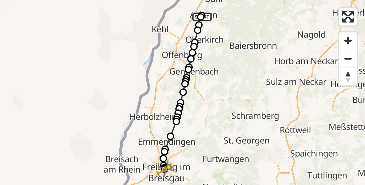 Flugroute Rettungshubschrauber Ortenau Hospital Achern - Freiburg University Hospital Heliport 1, 17 April 2026, 01:06