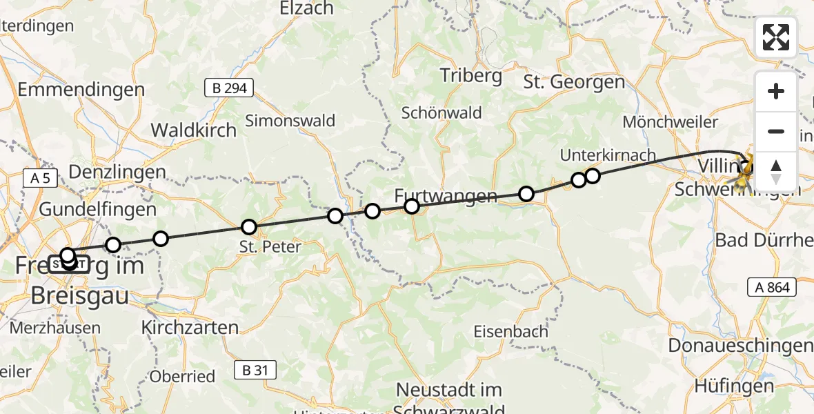 Flugroute Rettungshubschrauber Freiburg University Hospital Heliport 1 - DRF Air Rescue Station Villingen-Schwenningen Hubschrauberlandeplatz (Christoph 11), 17 April 2026, 02:05