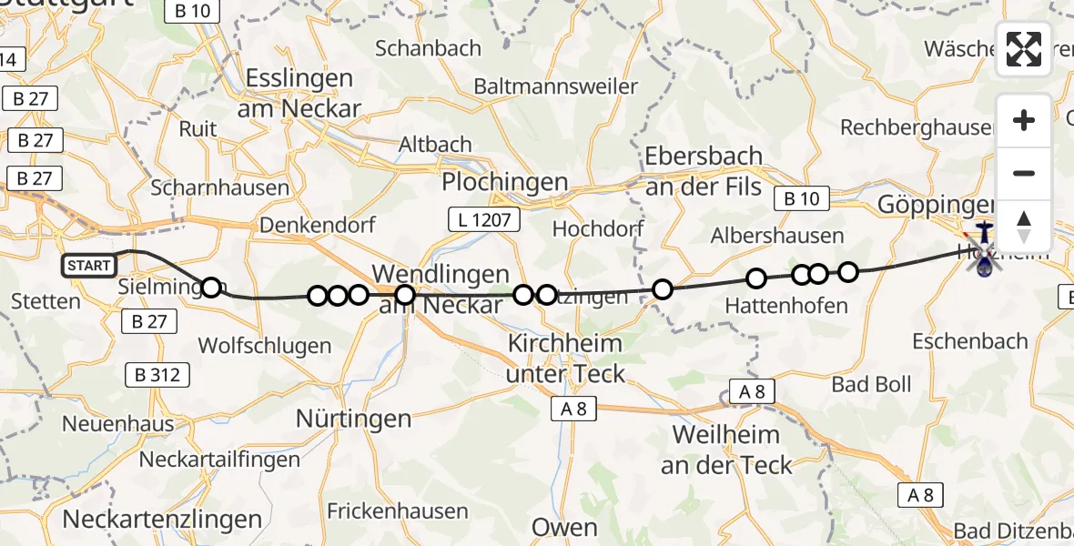 Flugroute Polizeihubschrauber Flughafen Stuttgart - Göppingen, 17 April 2026, 04:55