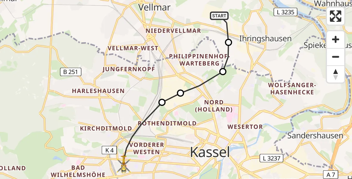 Flugroute Rettungshubschrauber Fuldatal Bundespolizei Hubschrauberlandeplatz - Kassel, 17 April 2026, 05:04