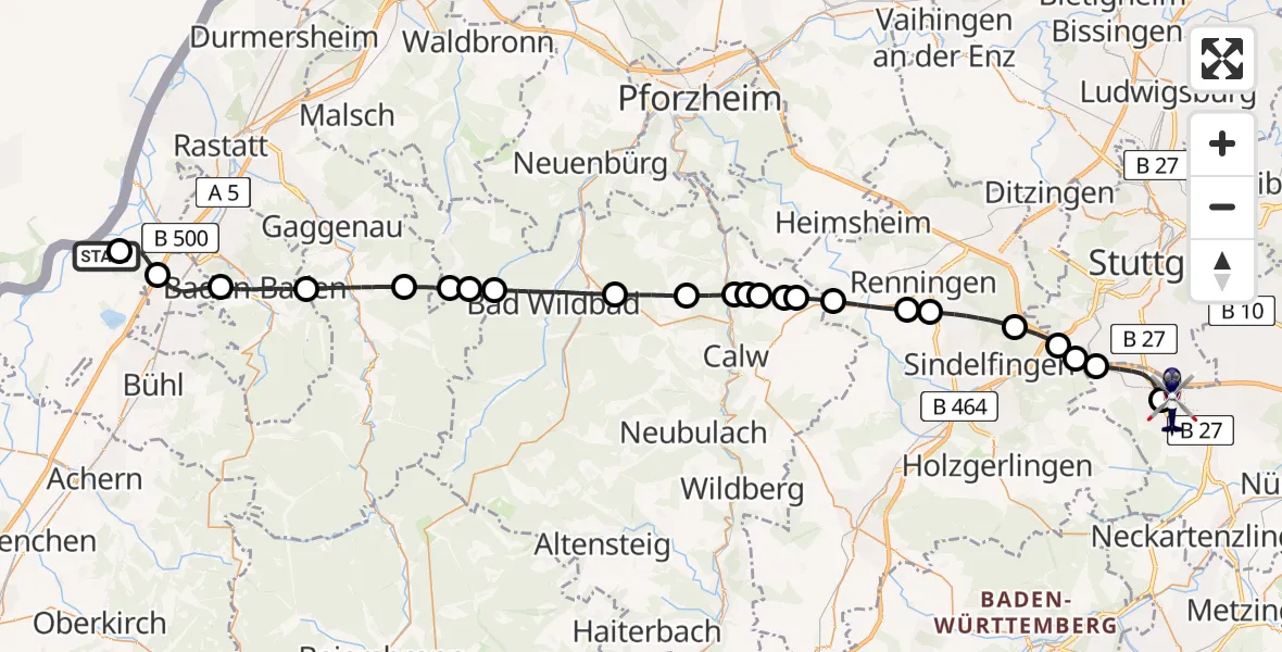 Flugroute Polizeihubschrauber Karlsruhe Baden-Baden Flughafen - Flughafen Stuttgart, 17 April 2026, 05:17