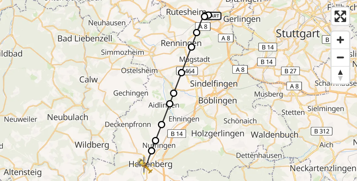 Flugroute Rettungshubschrauber Leonberg Hospital - Herrenberg, 17 April 2026, 05:17