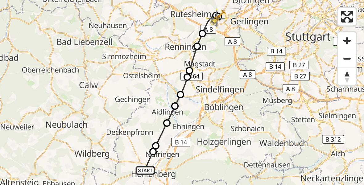 Flugroute Rettungshubschrauber Herrenberg - Leonberg Hospital, 17 April 2026, 05:45