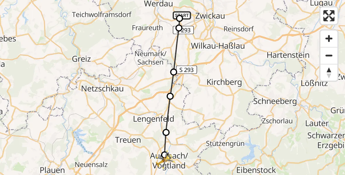 Flugroute Rettungshubschrauber ADAC Air Rescue Station Zwickau Hubschrauberlandeplatz - Auerbach/Vogtl., 17 April 2026, 05:46