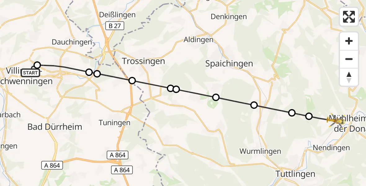 Flugroute Rettungshubschrauber DRF Air Rescue Station Villingen-Schwenningen Hubschrauberlandeplatz (Christoph 11) - Mühlheim an der Donau, 17 April 2026, 05:53