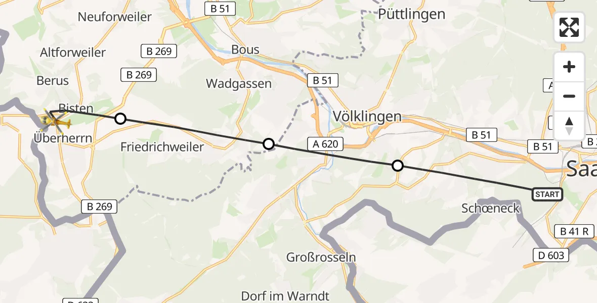 Flugroute Rettungshubschrauber Saarbrücken - Überherrn, 17 April 2026, 06:16