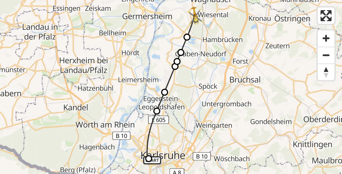 Flugroute Rettungshubschrauber Sankt Vincentius Hospital - Philippsburg, 17 April 2026, 06:34