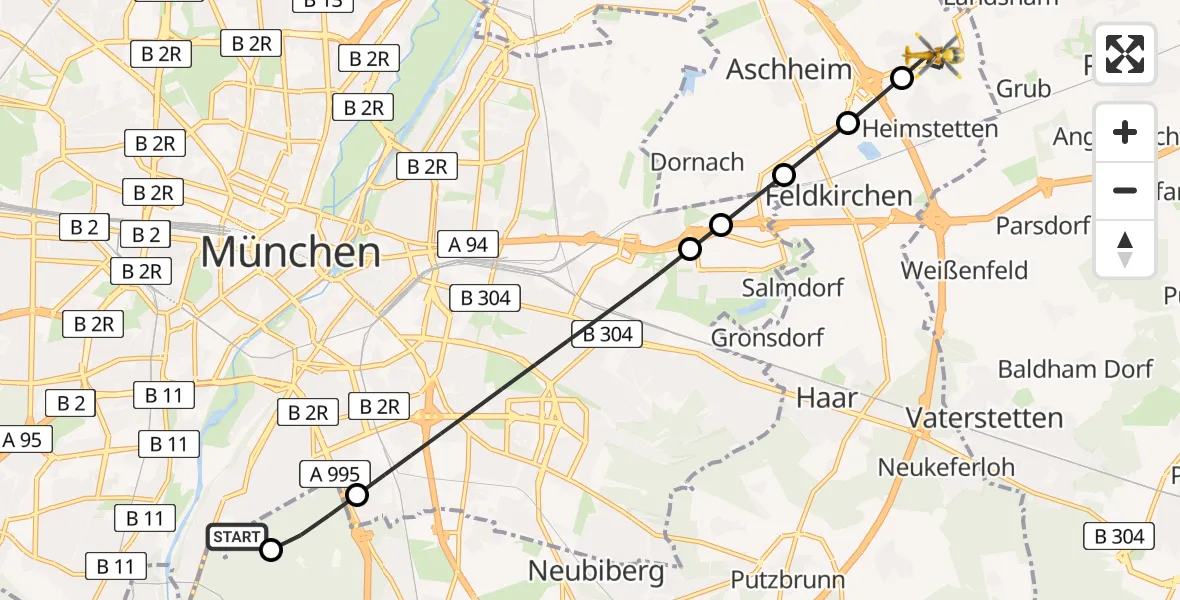 Flugroute Rettungshubschrauber ADAC Air Rescue Center Hubschrauberlandeplatz (Christoph 1) - Kirchheim b.München, 17 April 2026, 06:37