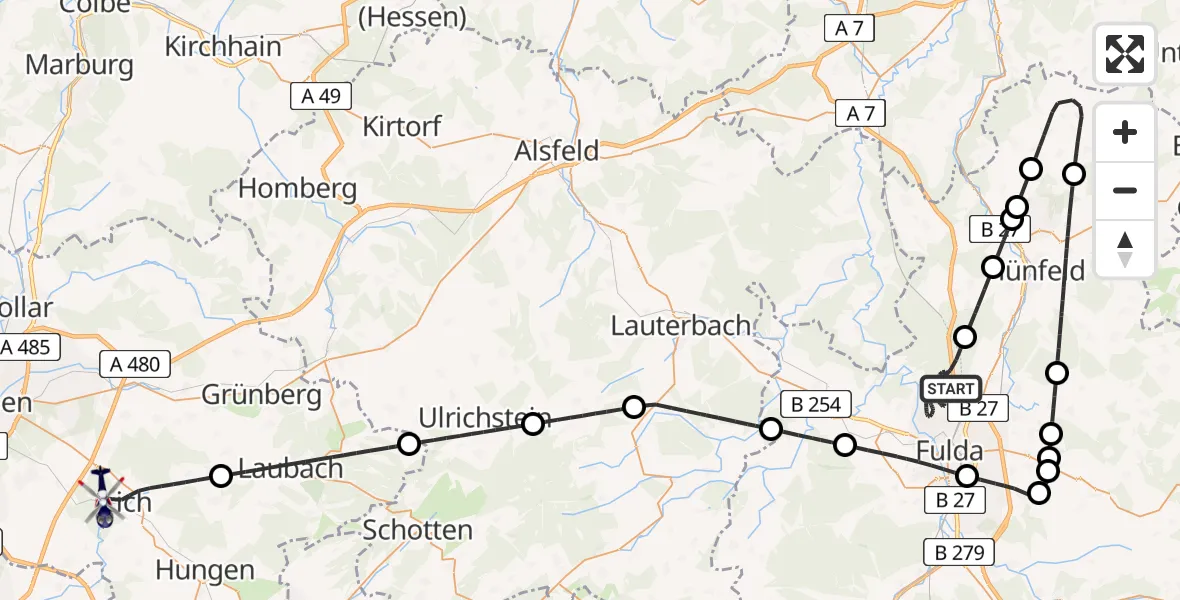 Flugroute Polizeihubschrauber Fulda - Lich, 17 April 2026, 06:41