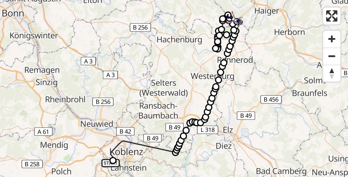 Flugroute Polizeihubschrauber Koblenz-Winningen Flugplatz - Burbach, 17 April 2026, 06:43