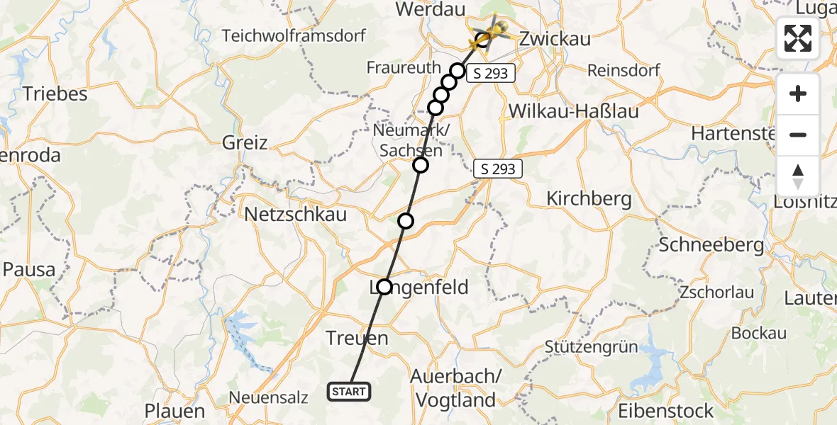 Flugroute Rettungshubschrauber Treuen - ADAC Air Rescue Station Zwickau Hubschrauberlandeplatz, 17 April 2026, 06:48