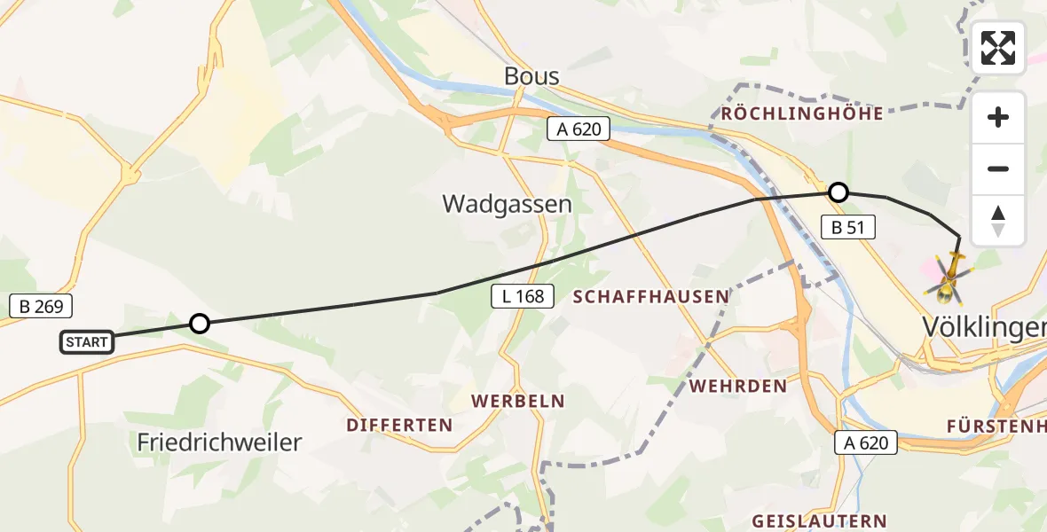 Flugroute Rettungshubschrauber Überherrn - Völklingen, 17 April 2026, 06:55