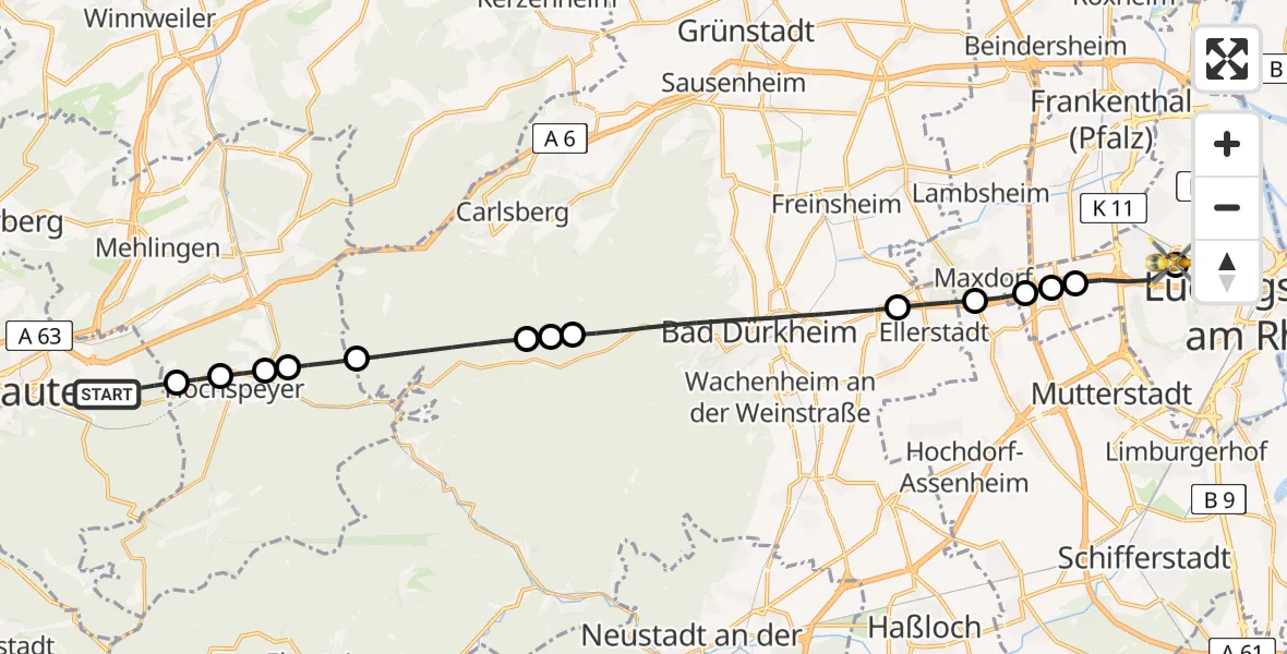 Flugroute Rettungshubschrauber Kaiserslautern - Ludwigshafen Accident Hospital, 17 April 2026, 06:57