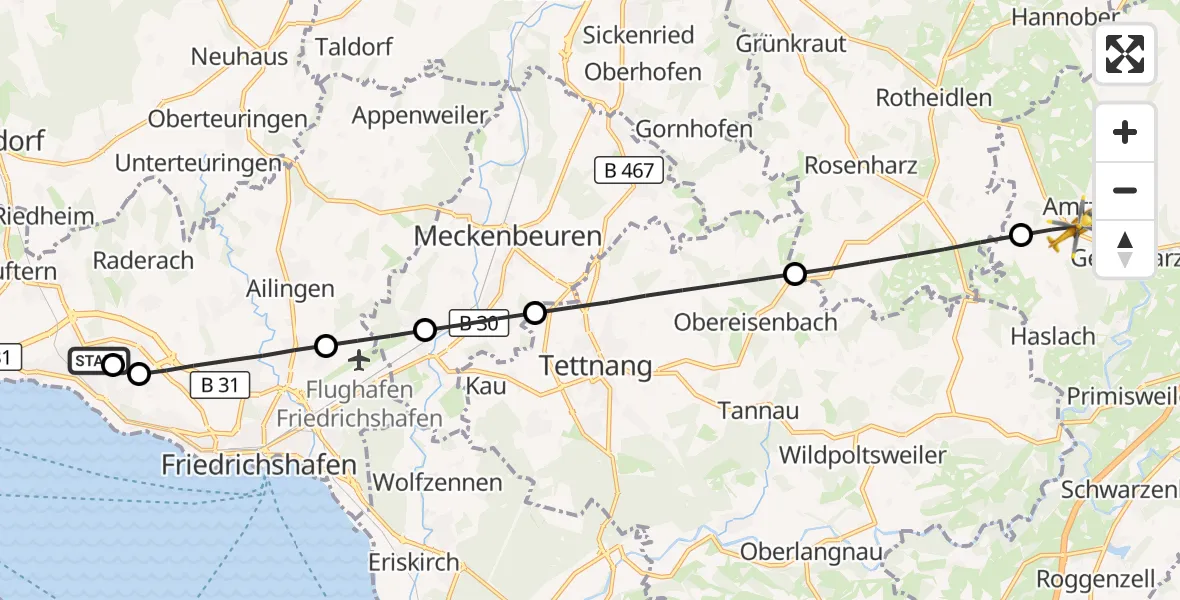 Flugroute Rettungshubschrauber Friedrichshafen Hospital - Amtzell, 17 April 2026, 07:00