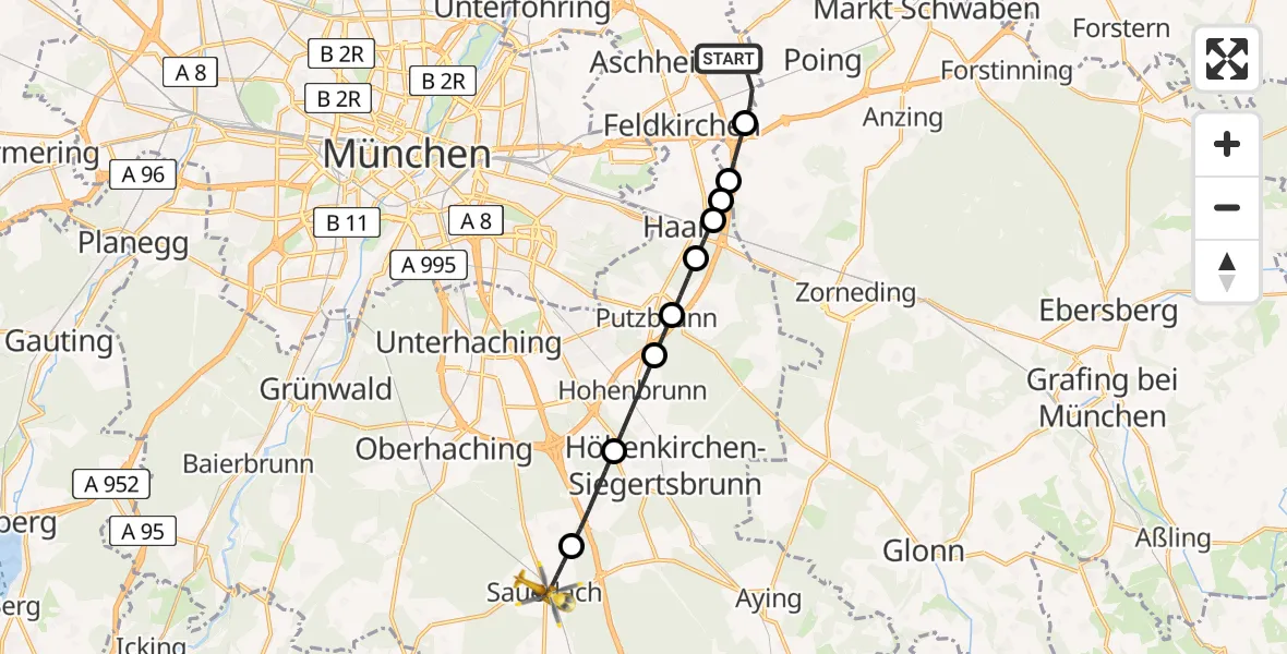 Flugroute Rettungshubschrauber Kirchheim b.München - Sauerlach, 17 April 2026, 07:10