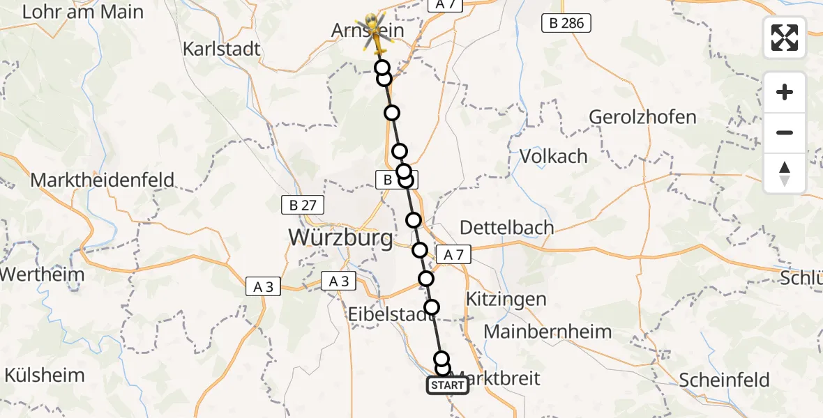 Flugroute Rettungshubschrauber Ochsenfurt - Arnstein, 17 April 2026, 07:16