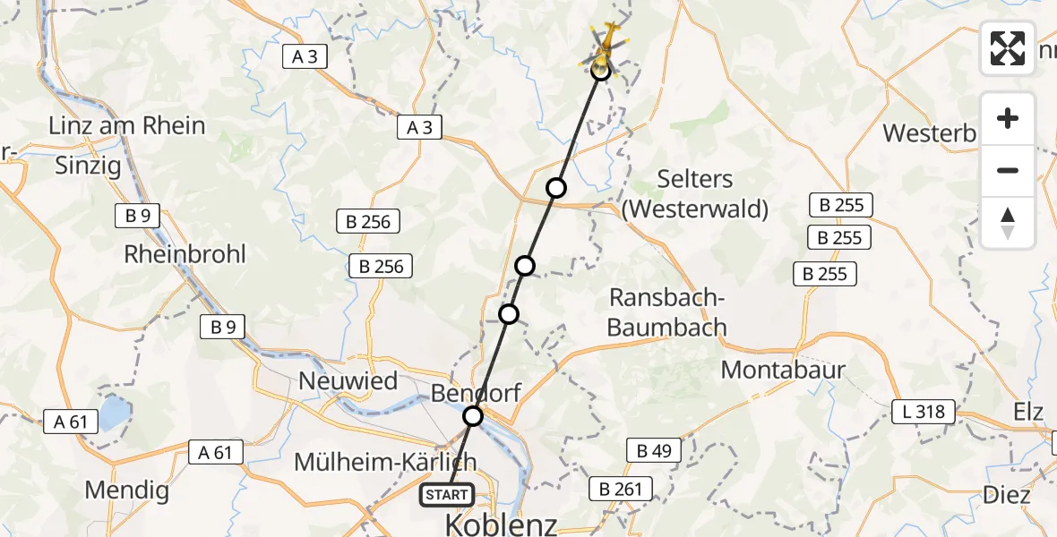 Flugroute Rettungshubschrauber Koblenz - Roßbach, 17 April 2026, 07:27
