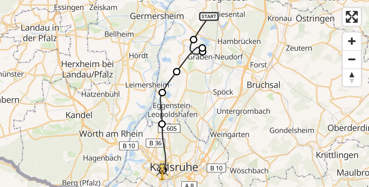 Flugroute Rettungshubschrauber Philippsburg - Sankt Vincentius Hospital, 17 April 2026, 07:27