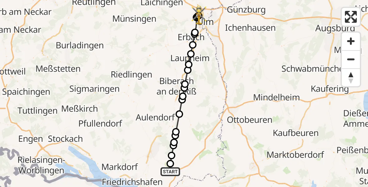 Flugroute Rettungshubschrauber Amtzell - Ulm Military Hospital Emergency, 17 April 2026, 07:32