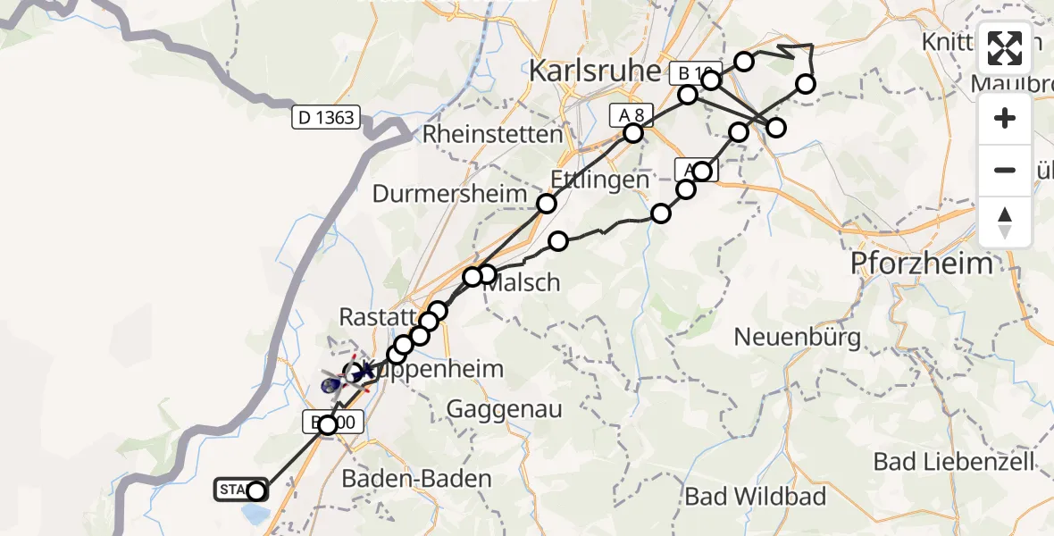 Flugroute Polizeihubschrauber Rheinmünster - Baden-Baden, 17 April 2026, 07:49