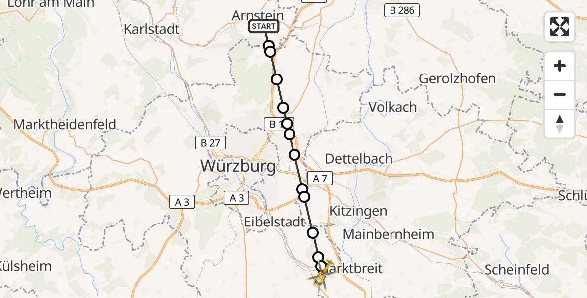 Flugroute Rettungshubschrauber Arnstein - Ochsenfurt, 17 April 2026, 07:51