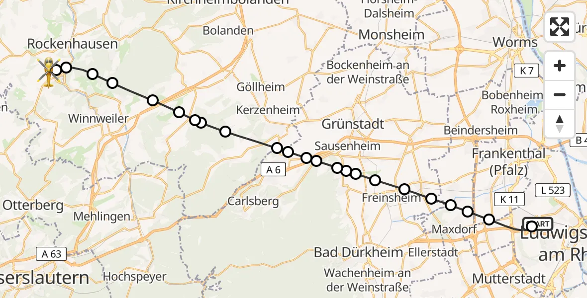 Flugroute Rettungshubschrauber Ludwigshafen Accident Hospital - Imsweiler UL, 17 April 2026, 07:54