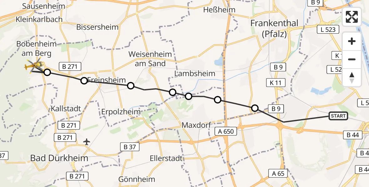 Flugroute Rettungshubschrauber Ludwigshafen am Rhein - Weisenheim am Berg, 17 April 2026, 07:58