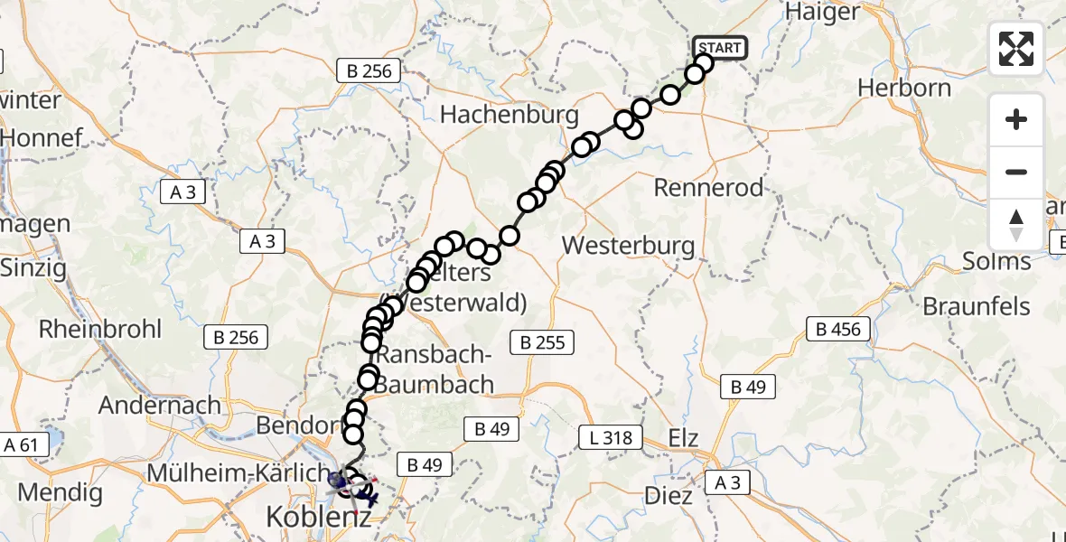 Flugroute Polizeihubschrauber Siegerland Flughafen - Koblenz, 17 April 2026, 07:59