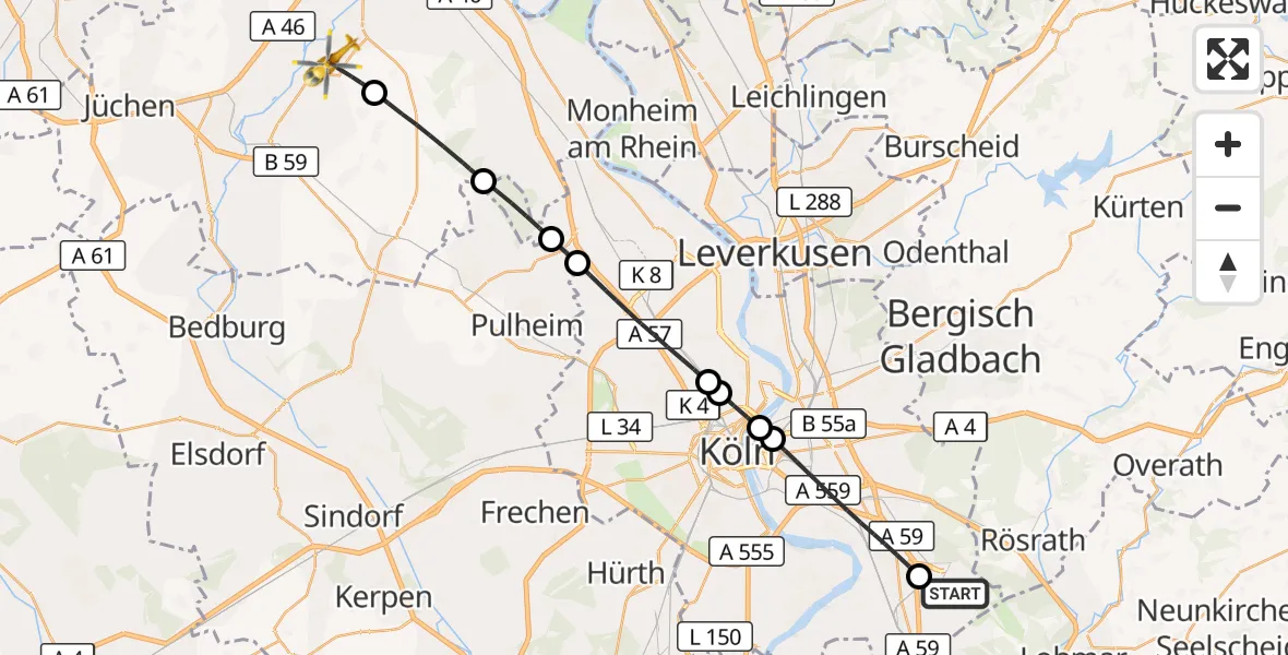 Flugroute Rettungshubschrauber Köln Bonn Flughafen - Grevenbroich, 17 April 2026, 07:59