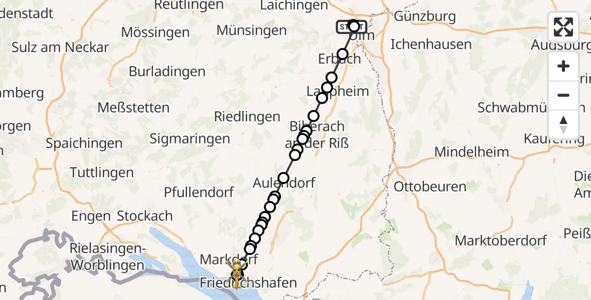 Flugroute Rettungshubschrauber Ulm Military Hospital Emergency - Friedrichshafen Hospital, 17 April 2026, 08:09