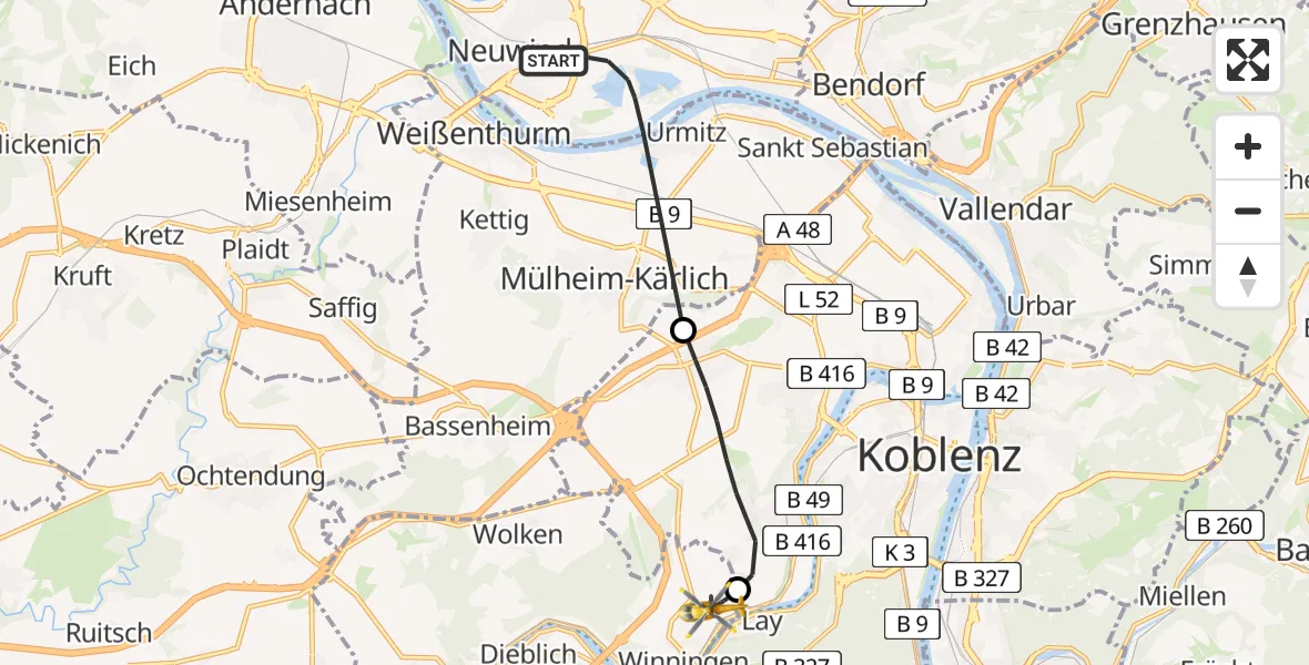 Flugroute Ambulanzhubschrauber Neuwied - Koblenz-Winningen Flugplatz, 17 April 2026, 08:10