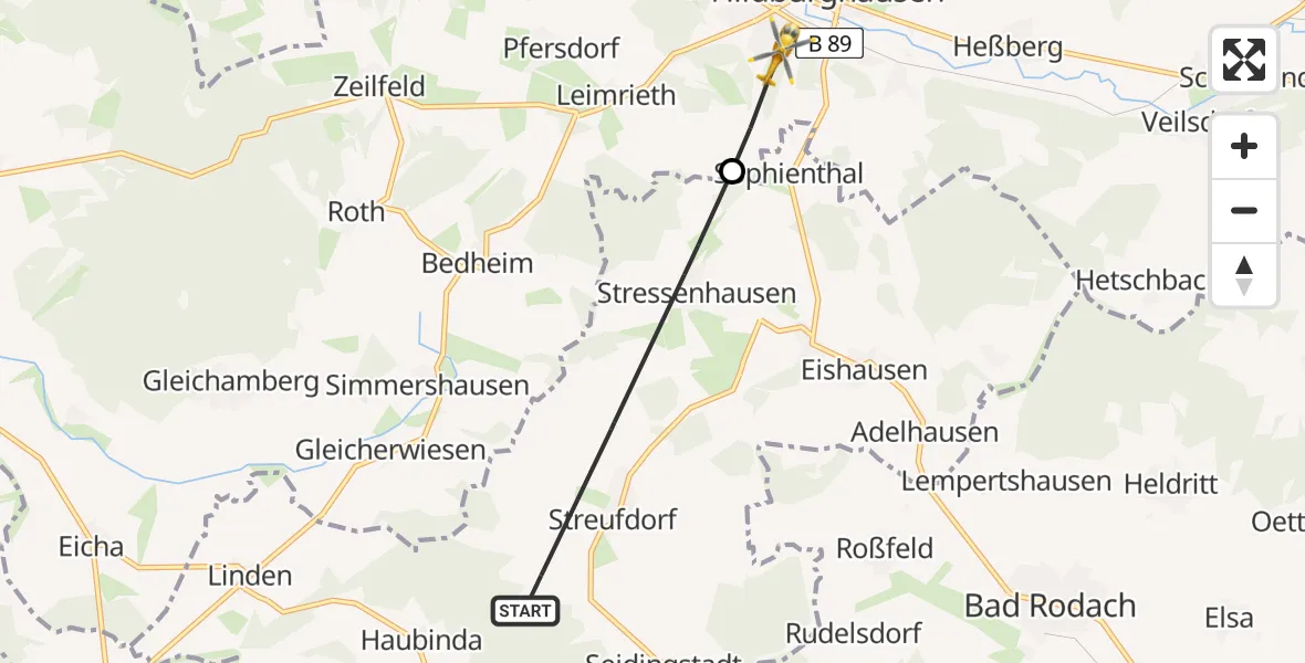 Flugroute Rettungshubschrauber Straufhain - Hildburghausen, 17 April 2026, 08:10