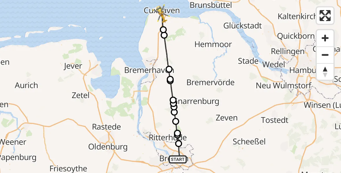 Flugroute Rettungshubschrauber Bremen - Cuxhaven, 17 April 2026, 08:10