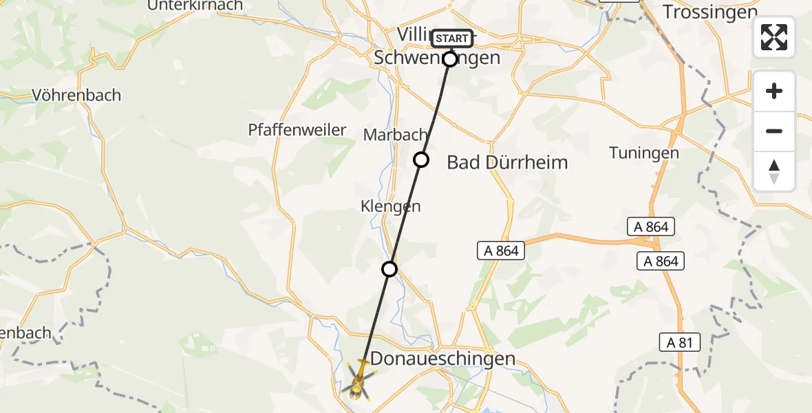 Flugroute Rettungshubschrauber DRF Air Rescue Station Villingen-Schwenningen Hubschrauberlandeplatz (Christoph 11) - Donaueschingen, 17 April 2026, 08:13