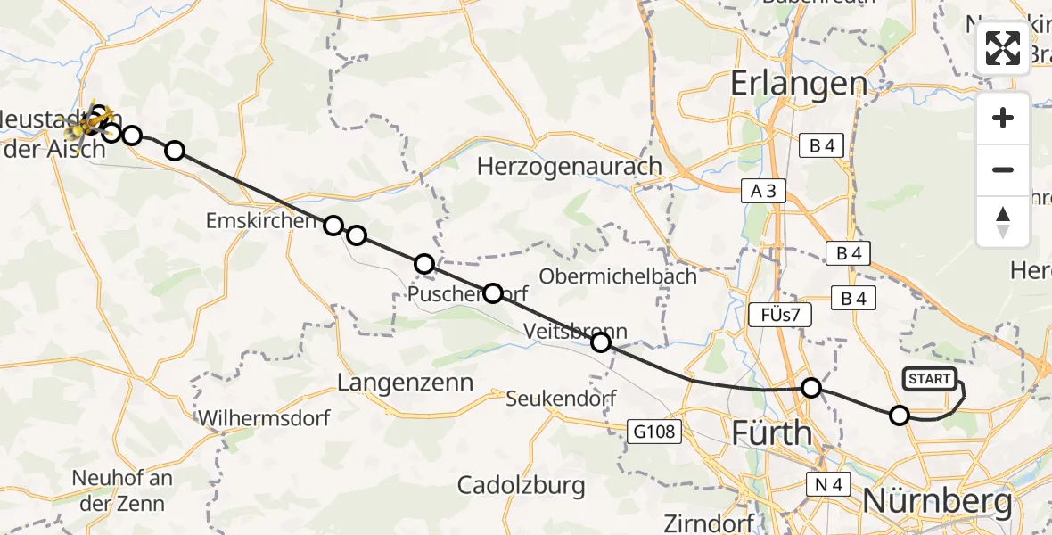 Flugroute Ambulanzhubschrauber Flughafen Nuremberg - Neustadt Krankenhaus Hubschrauberlandeplatz, 17 April 2026, 08:17