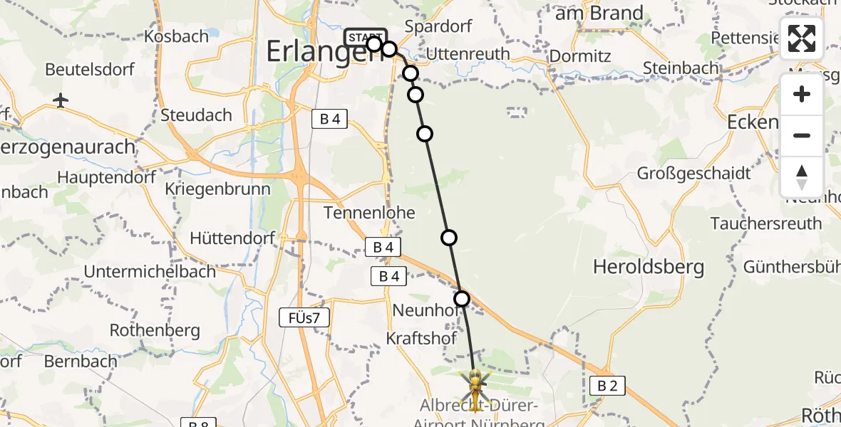 Flugroute Rettungshubschrauber Erlangen University Hospital Ebrardstraße - Flughafen Nuremberg, 17 April 2026, 08:16