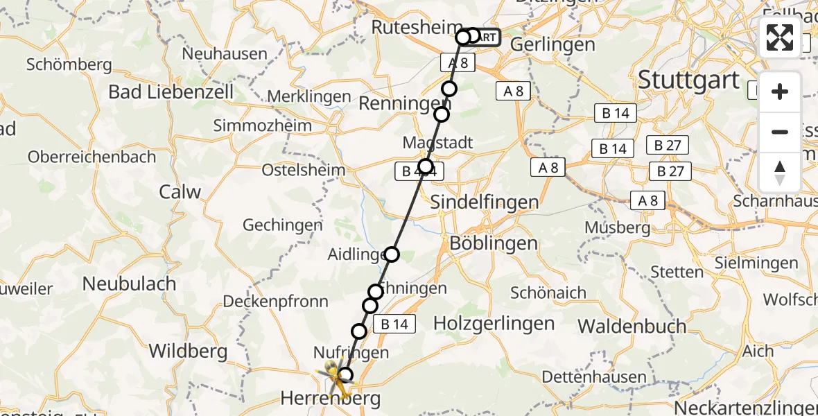Flugroute Rettungshubschrauber Leonberg Hospital - Herrenberg, 17 April 2026, 08:20