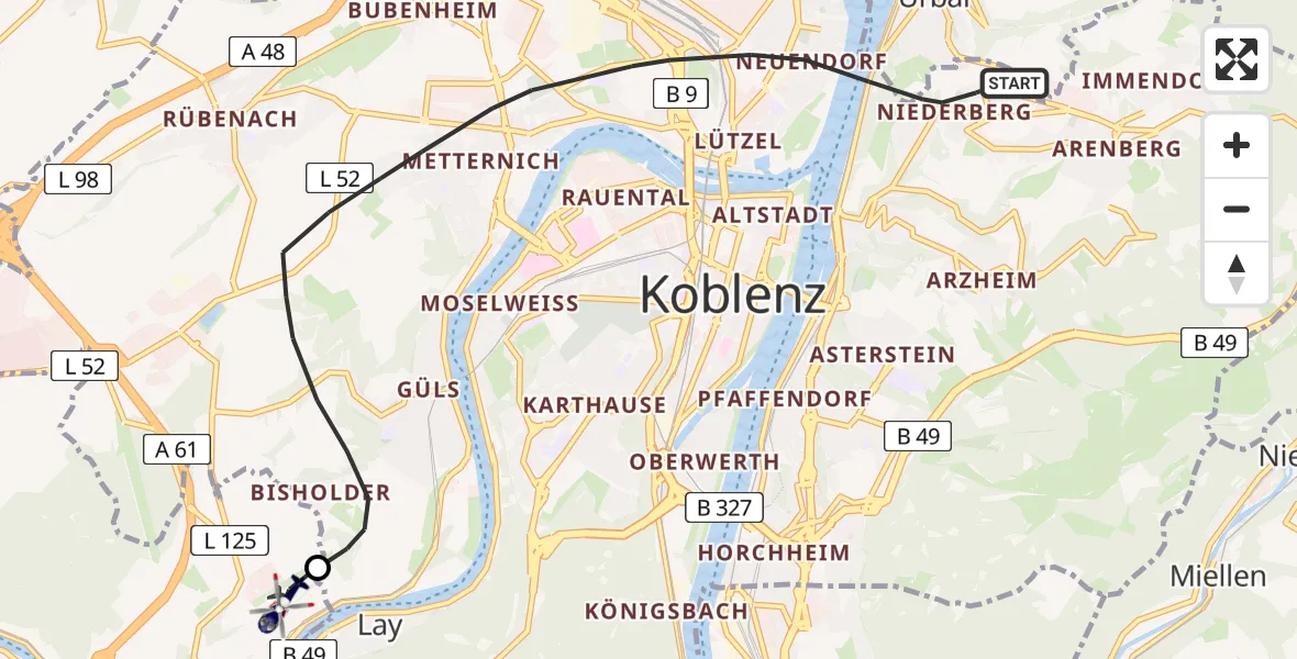 Flugroute Polizeihubschrauber Koblenz - Koblenz-Winningen Flugplatz, 17 April 2026, 08:35