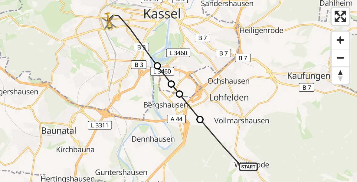 Flugroute Rettungshubschrauber Söhrewald - Kassel, 17 April 2026, 08:45