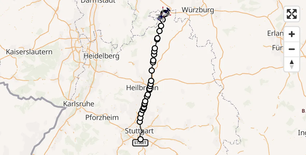 Flugroute Polizeihubschrauber Flughafen Stuttgart - Wertheim, 17 April 2026, 08:47