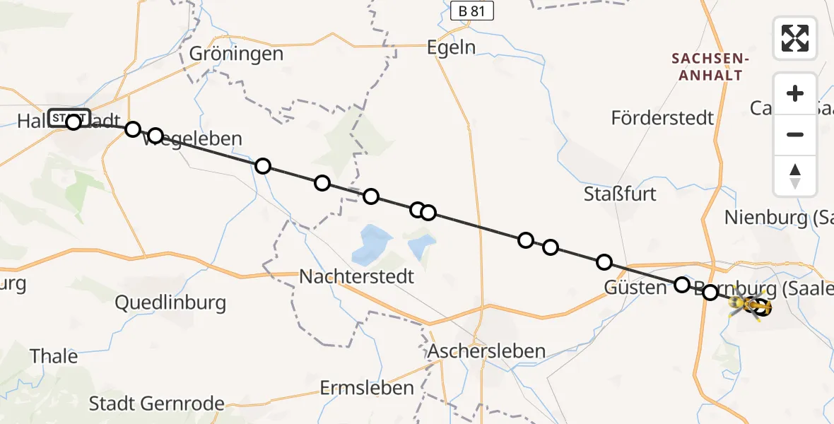 Routekaart van de vlucht: Ambulanzhubschrauber nach Bernburg (Saale), Liebigstraße