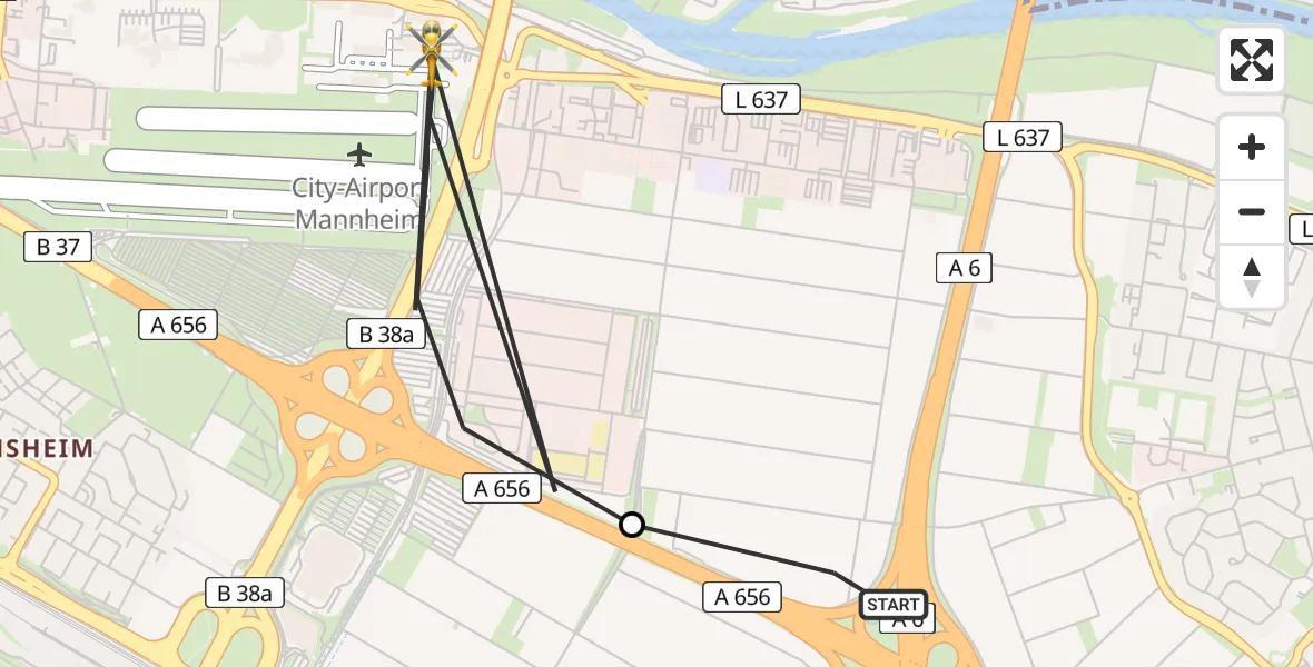Flugroute Rettungshubschrauber Mannheim - Mannheim-City Flughafen, 17 April 2026, 08:57