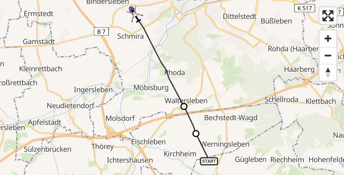 Flugroute Polizeihubschrauber Elxleben - Erfurt, 17 April 2026, 09:15