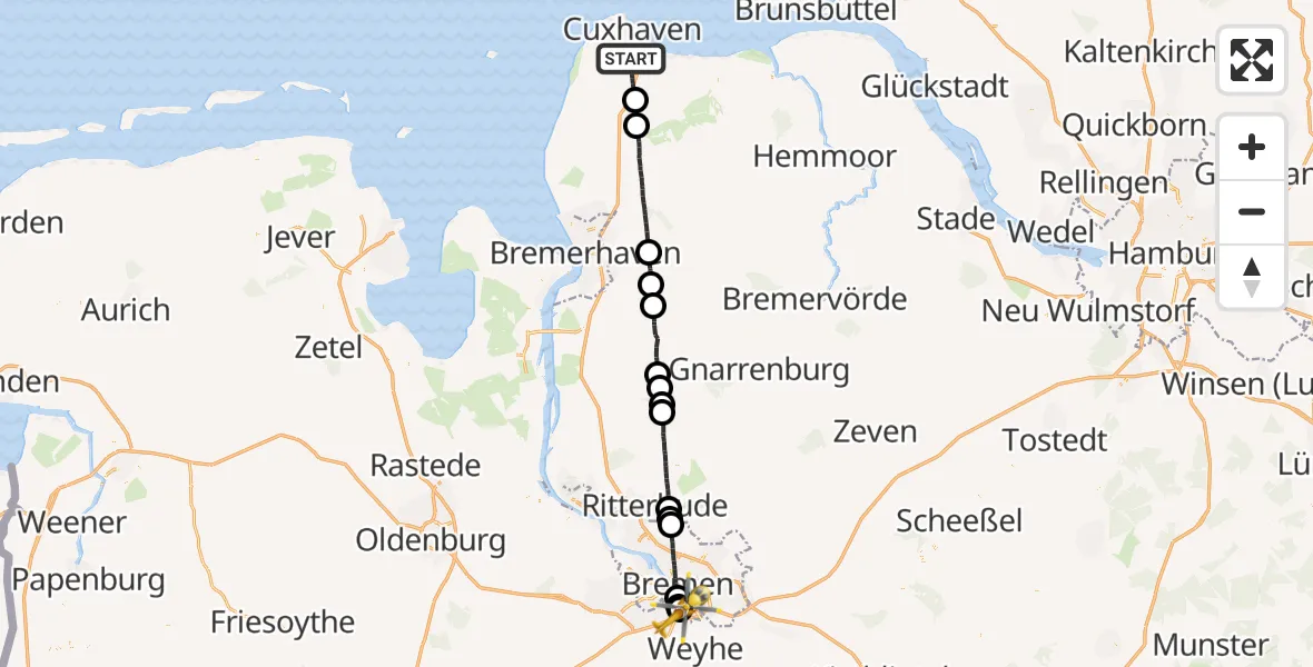 Flugroute Rettungshubschrauber Cuxhaven - ADAC Air Rescue Station Bremen Hubschrauberlandeplatz (Christoph 6), 17 April 2026, 09:17
